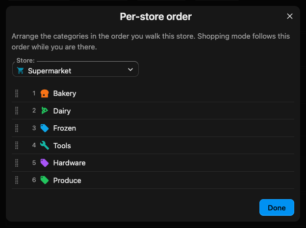 Per-store order dialog: a store picker and the house's categories in a numbered, drag-reorderable list