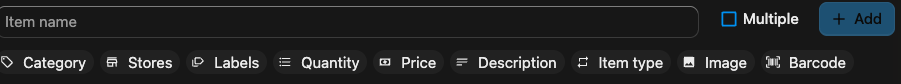 The checklist composer with chips for category, stores, labels, quantity, price, description, item type, image and barcode.