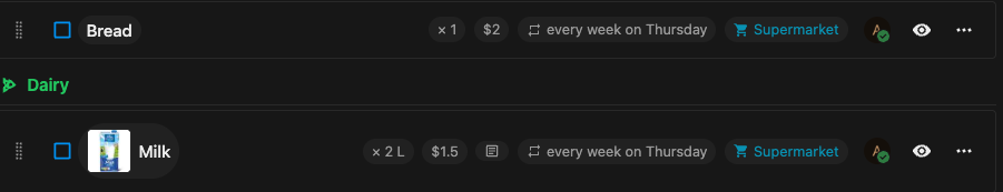 A checklist item showing its details inline — quantity, price, an attached image, a weekly repeat and its store.