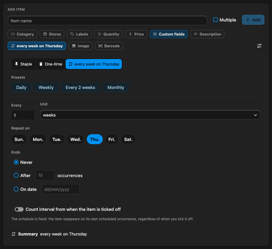 The repeat editor in the composer: presets, an every-n-weeks rule repeating on Thursday, end options, the completion-interval toggle and a summary reading “every week on Thursday”.