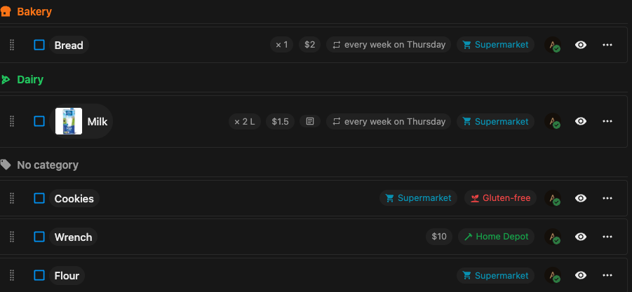 A checklist in the Pantry web app, with items grouped under category headers and carrying quantities, prices, stores, labels and a weekly repeat.