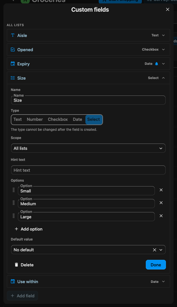 A select field expanded in the manager, showing its name, type, scope, hint text, options and default value.