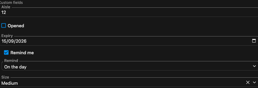 The Custom fields section of the item editor, with a control for each applicable field.