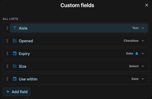 The Custom fields manager, showing fields grouped under scope headers with a type icon, name and type label on each row.