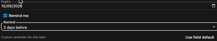 A date field’s per-item reminder controls, with a Remind me toggle and a lead-time selector.