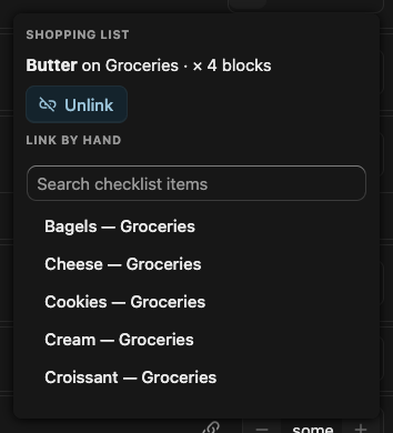 The link popover on the Butter row: Butter on Groceries with an Unlink button, and a Link by hand search listing checklist items.