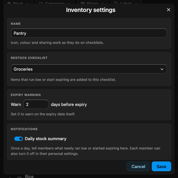 The Inventory settings dialog for Pantry, with Groceries as the restock checklist, an expiry warning of 2 days and the daily stock summary turned on.