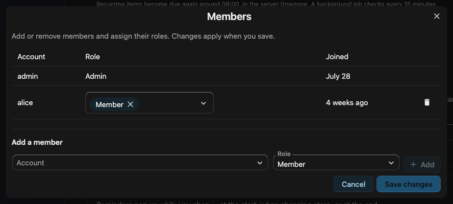The Members dialog, listing each account with its roles and join date, and an Add a member row with account and role pickers.