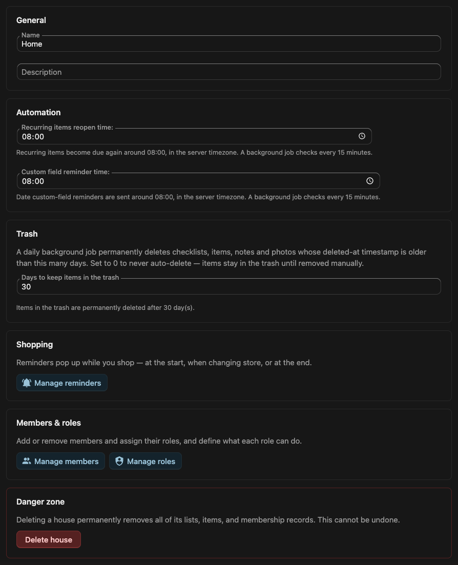 The Manage house page, with General, Automation, Trash, Shopping, Members & roles and Danger zone sections.