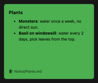 A synced note card with its file path, Notes/Plants.md, at the bottom.
