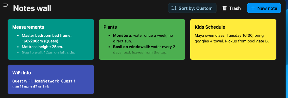 The Notes Wall in the Pantry web app — color-coded notes for measurements, schedules and household info.