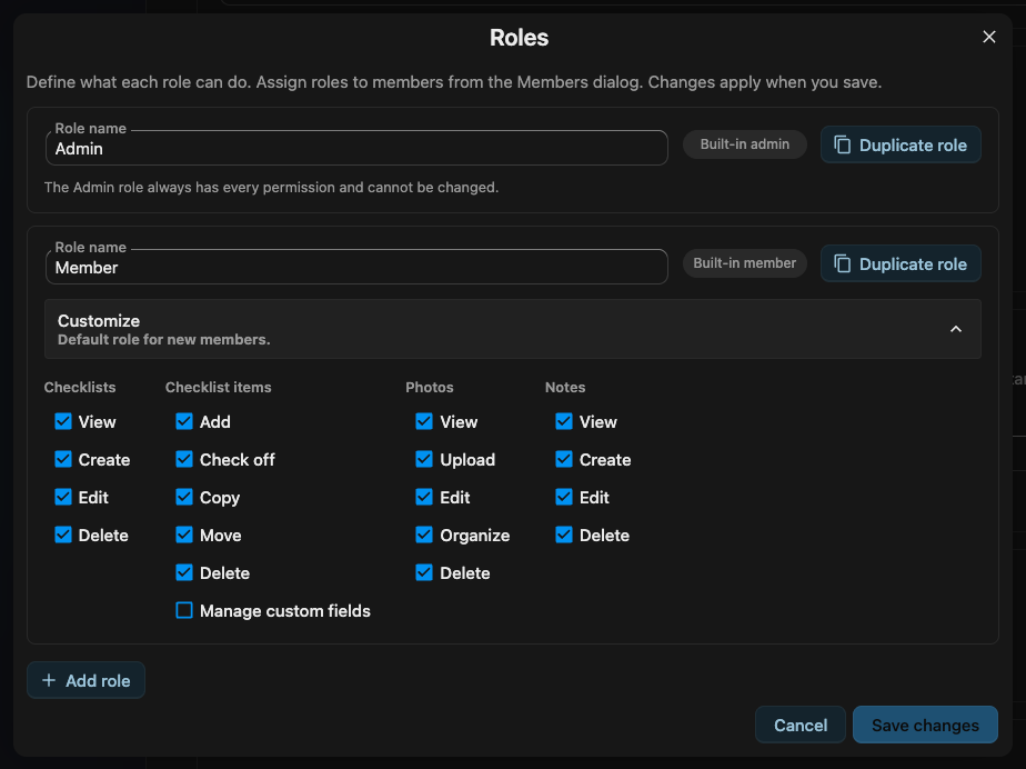 The Roles dialog, with the locked Admin role and the Member role’s Customize section expanded to show its permissions grouped into Checklists, Checklist items, Photos and Notes.