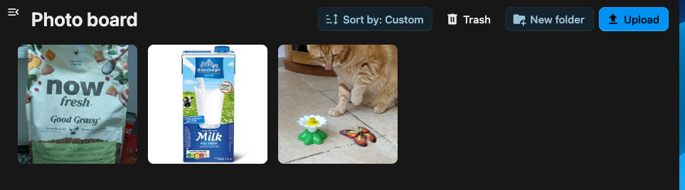 The Photo Board in the Pantry web app — a grid of household photos with New folder and Upload actions.
