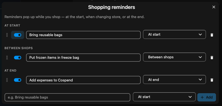 Reminders manager: prompts grouped by moment into drag-reorderable lists with enable toggles