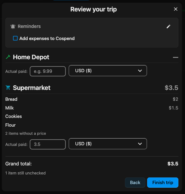 Trip review grouped by store with per-currency estimates and an actual-paid field
