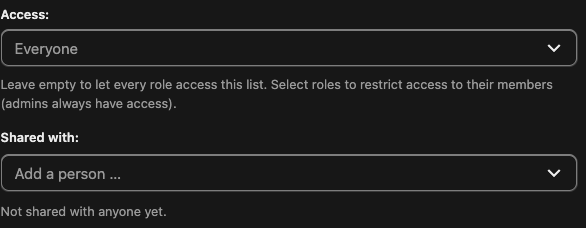 The Edit checklist dialog showing the Access control that restricts a list to roles and the Shared with field that shares it with specific people.
