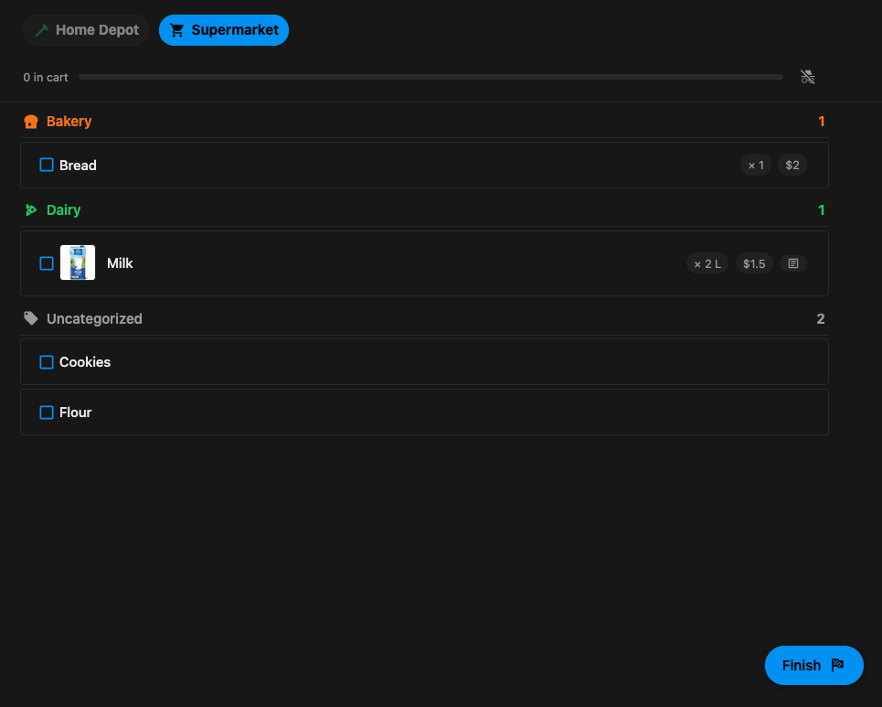 Dense shopping view: sticky store bar with progress, category-grouped items, and the next-store action