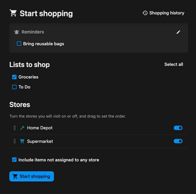 Start shopping screen: checklist selection, an ordered store route, and the include-unassigned toggle