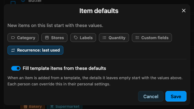 The Item defaults dialog of a checklist, with the Fill template items from these defaults switch turned on below the defaults.
